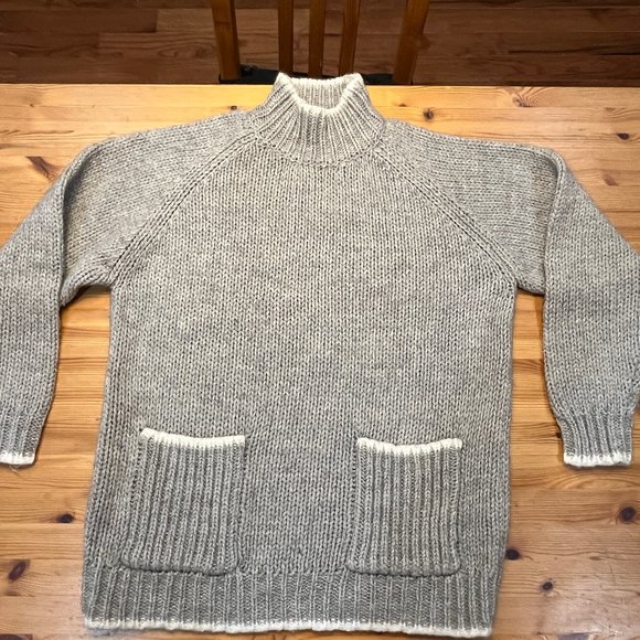 Laura Peterson 80s Vintage Gray Wool Blend Tunic Chunky Knit Sweater w Pockets L - Picture 3 of 7